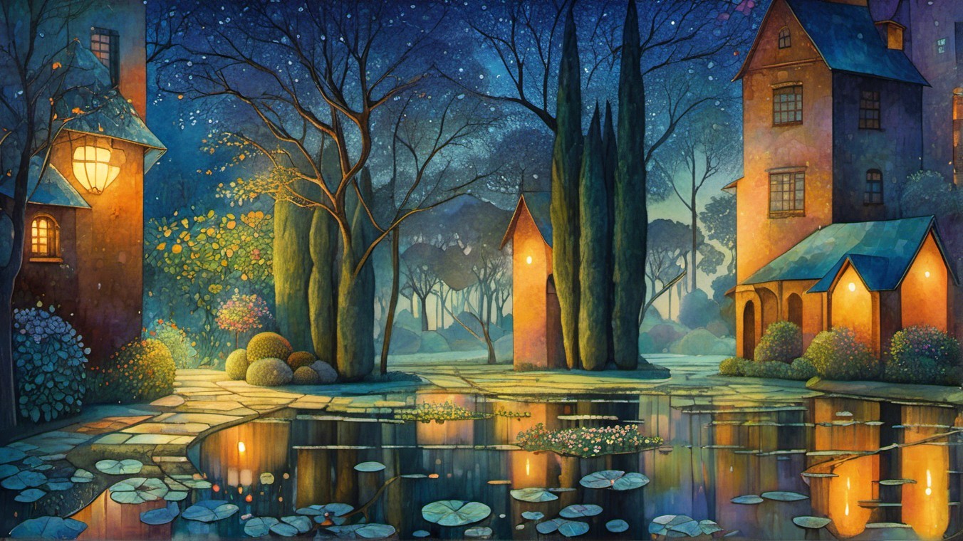 Charming Night Scene with Houses and Tranquil Pond