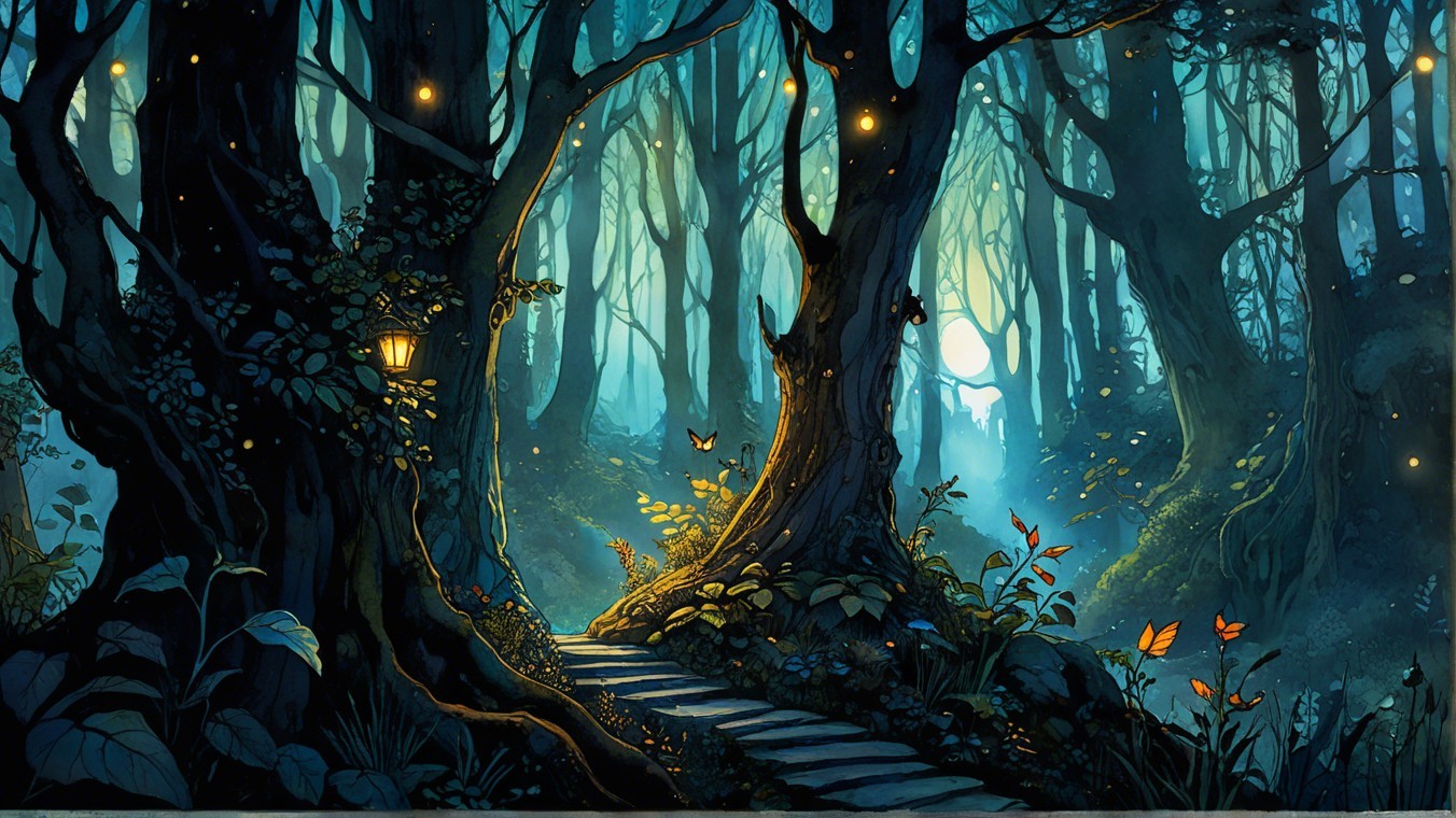Magical forest scene with ancient trees and glowing orbs