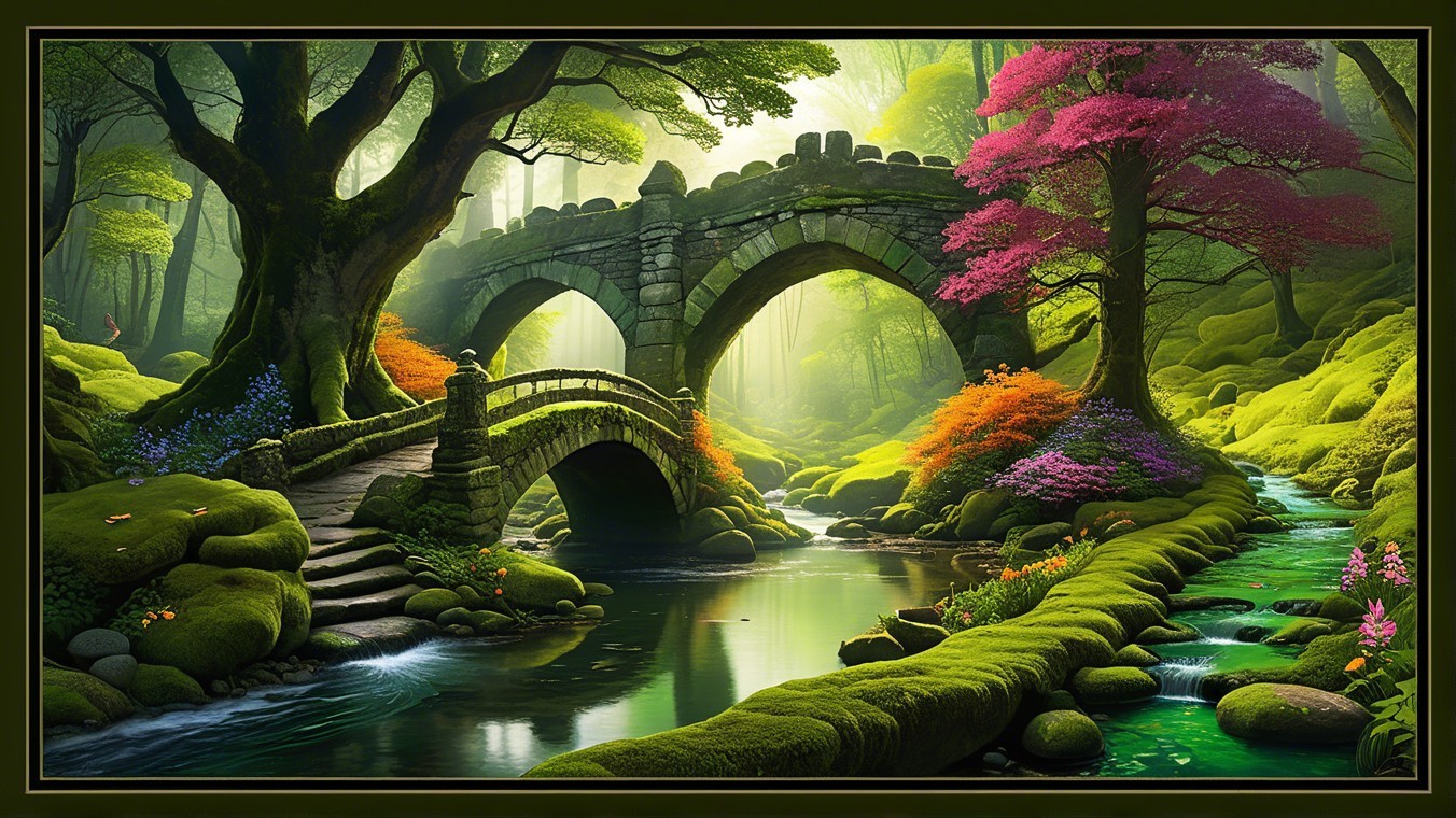 Enchanted Landscape with Ancient Stone Bridge and River