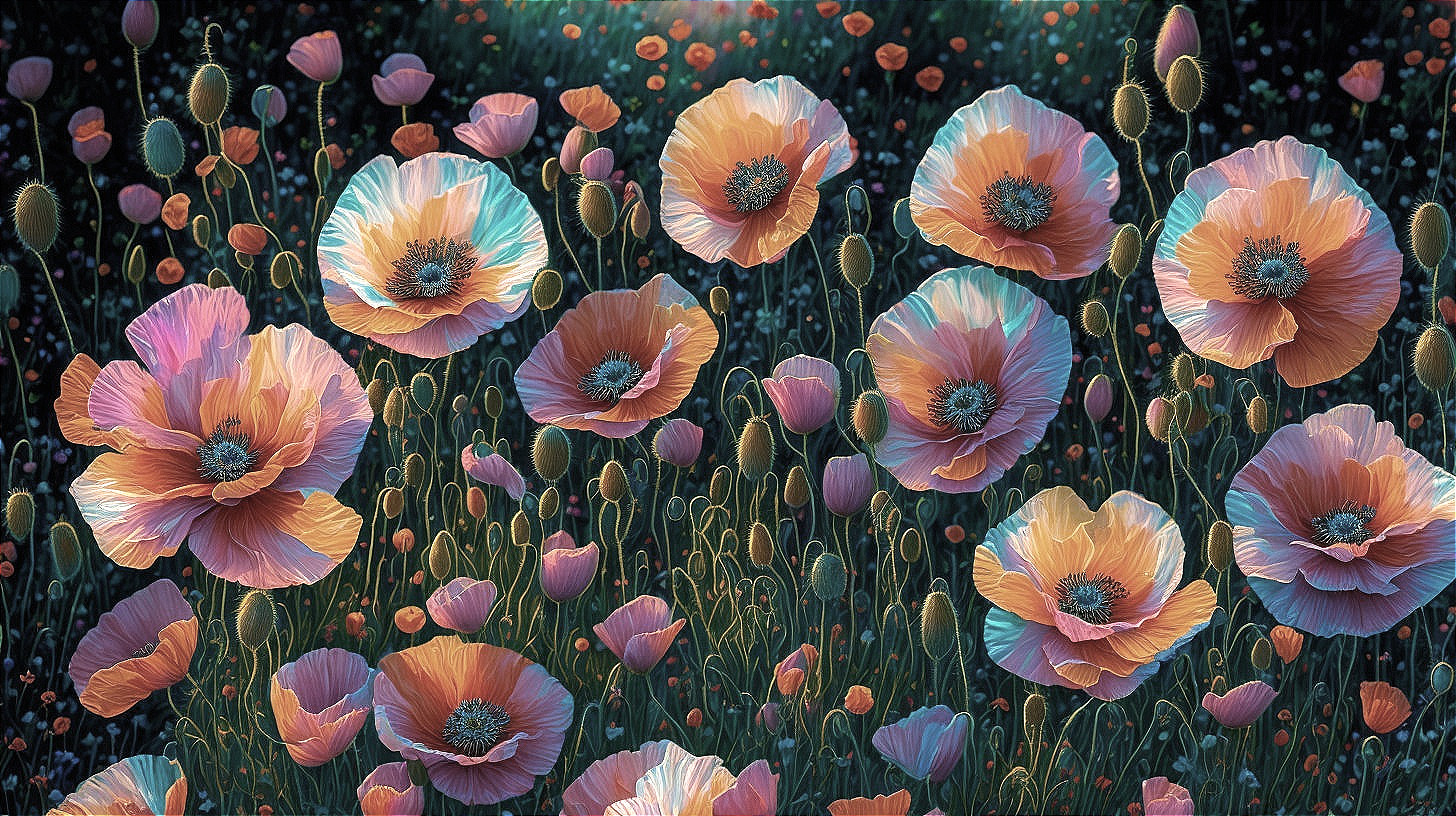 Vibrant Poppy Field with Intricate Petals and Buds