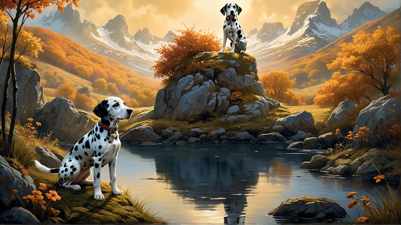 Dalmatians in Autumn Landscape by Tranquil Lake
