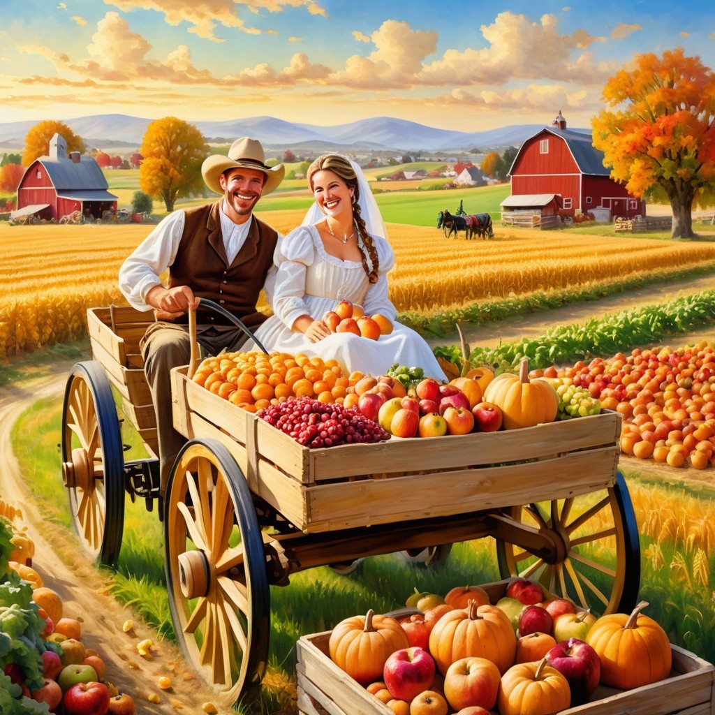 Couple in Wooden Cart Surrounded by Autumn Harvest