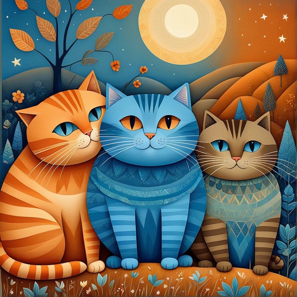 Whimsical Cats Under a Glowing Moon with Flowers