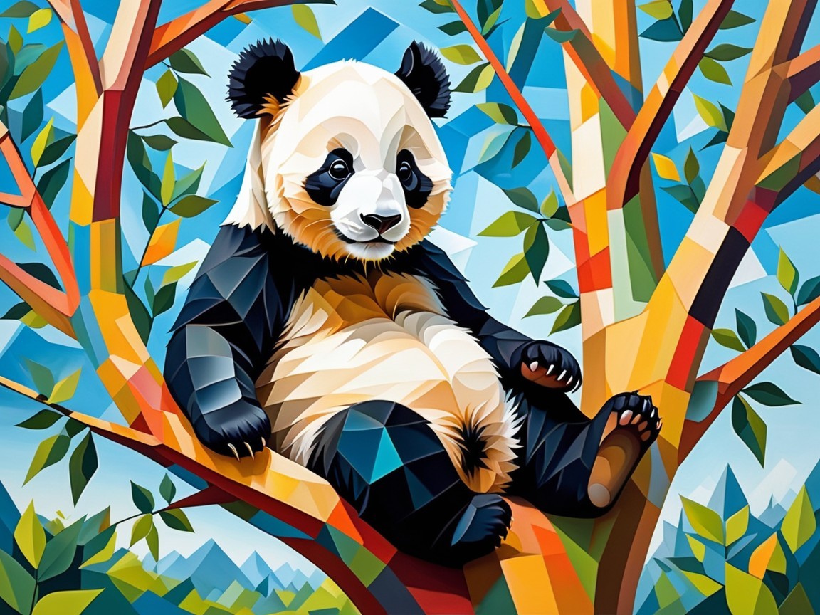 Geometric Illustration of a Panda on a Colorful Branch