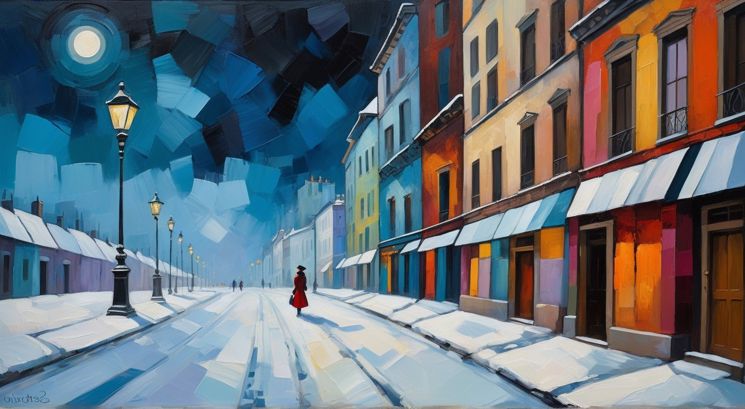 Impressionistic Winter Streetscape with Moonlit Snow