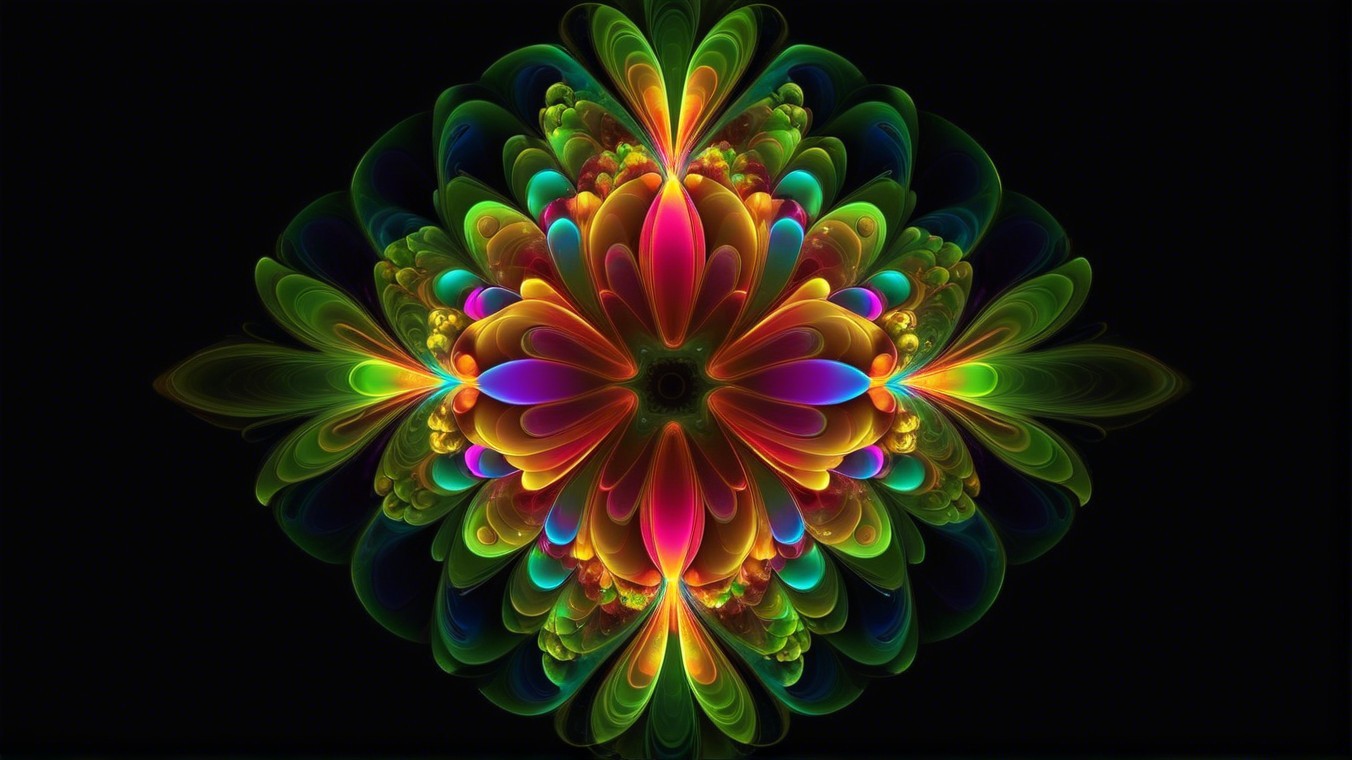 Vibrant Kaleidoscopic Floral Pattern on Black Background