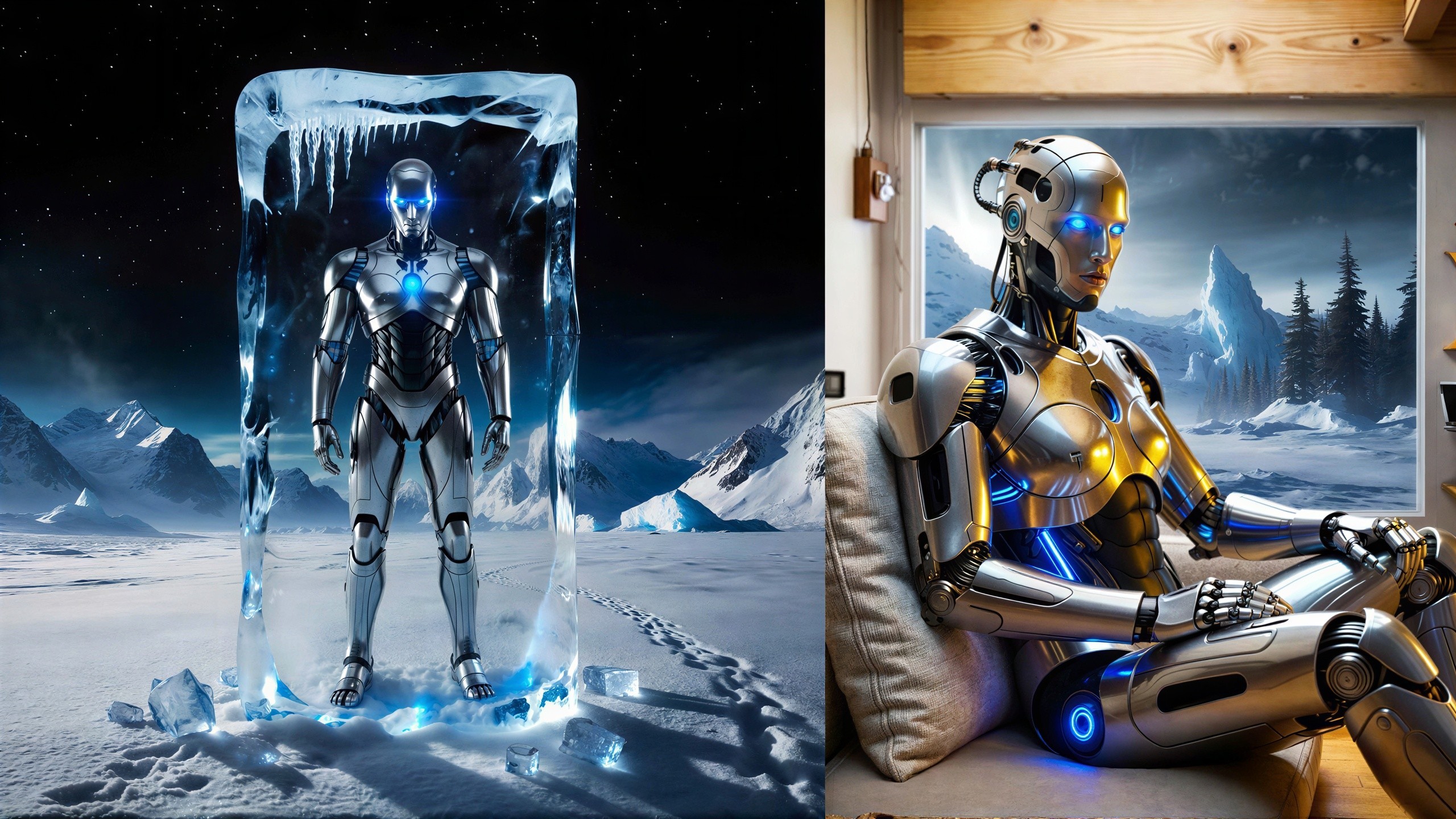 Diptych of a Robot in Ice and a Female Figure