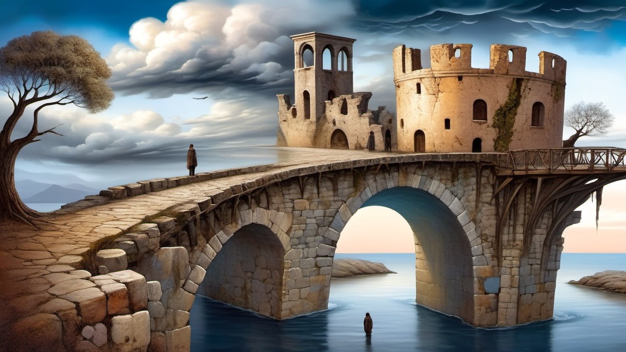 Solitary Figure on Bridge to Weathered Castle