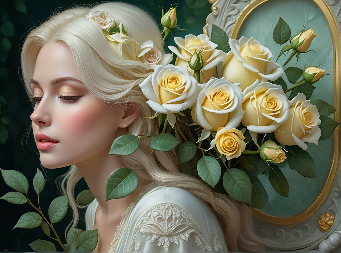 Serene Young Woman with Blonde Hair and Yellow Roses