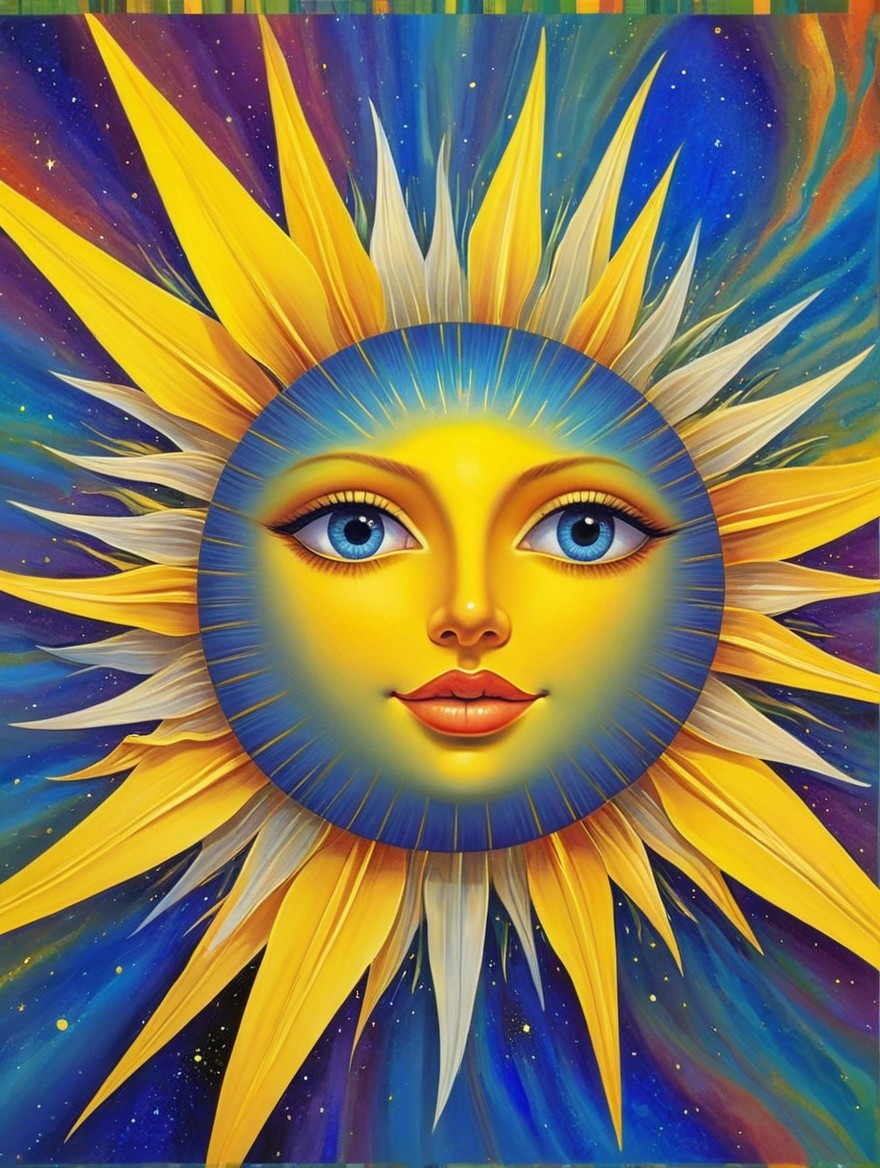 Vibrant Sun Artwork with Bold Rays and Cosmic Colors