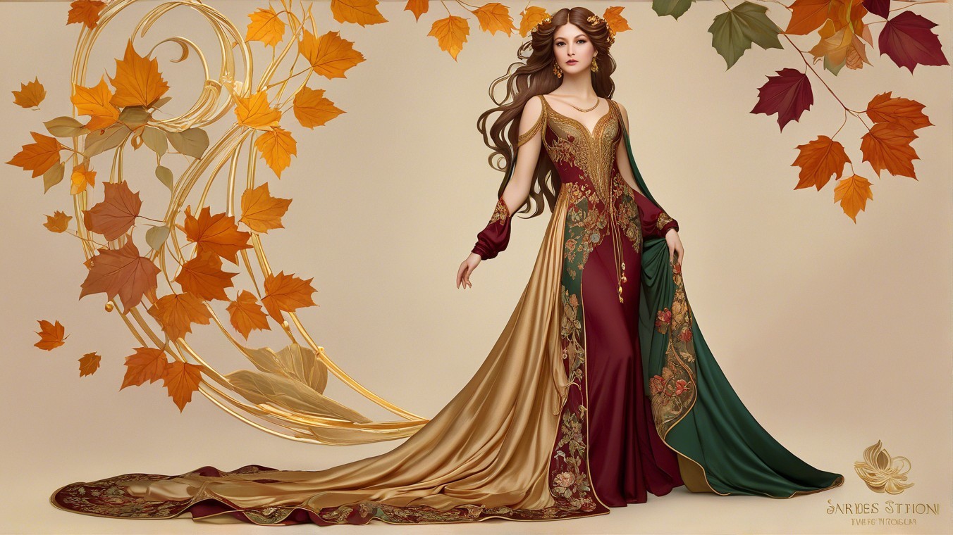 Elegant Woman in Flowing Gown Surrounded by Foliage
