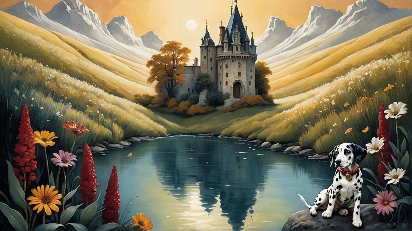 Serene Lake and Castle Landscape with Vibrant Flowers