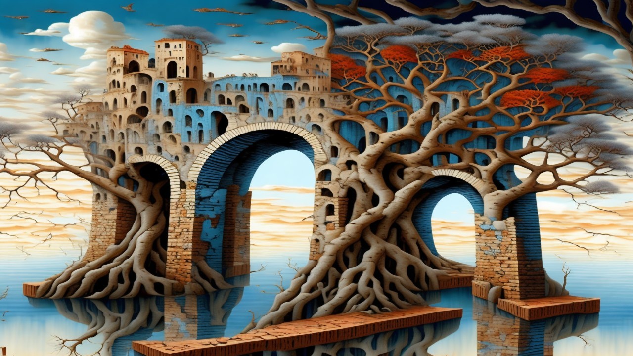 Surreal Landscape with Castles and Gnarled Trees