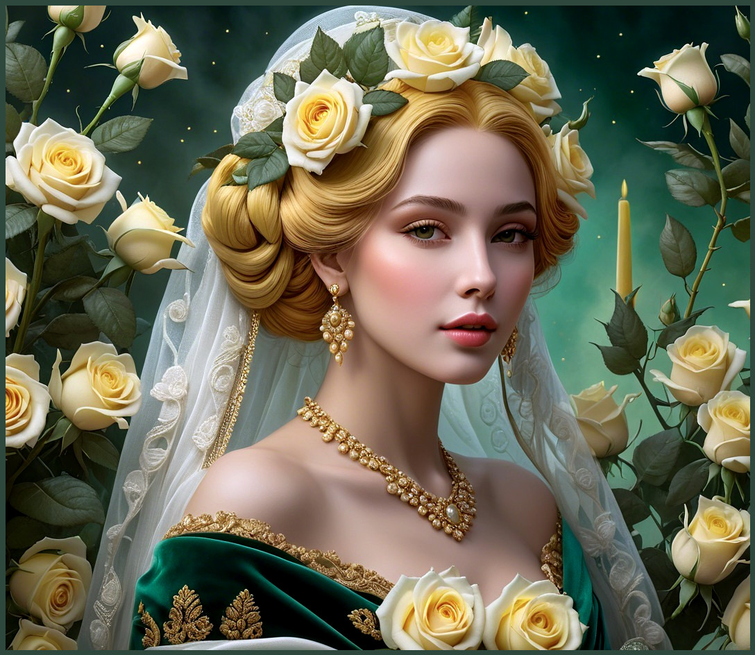 Portrait of a Woman in Green Gown with Yellow Roses