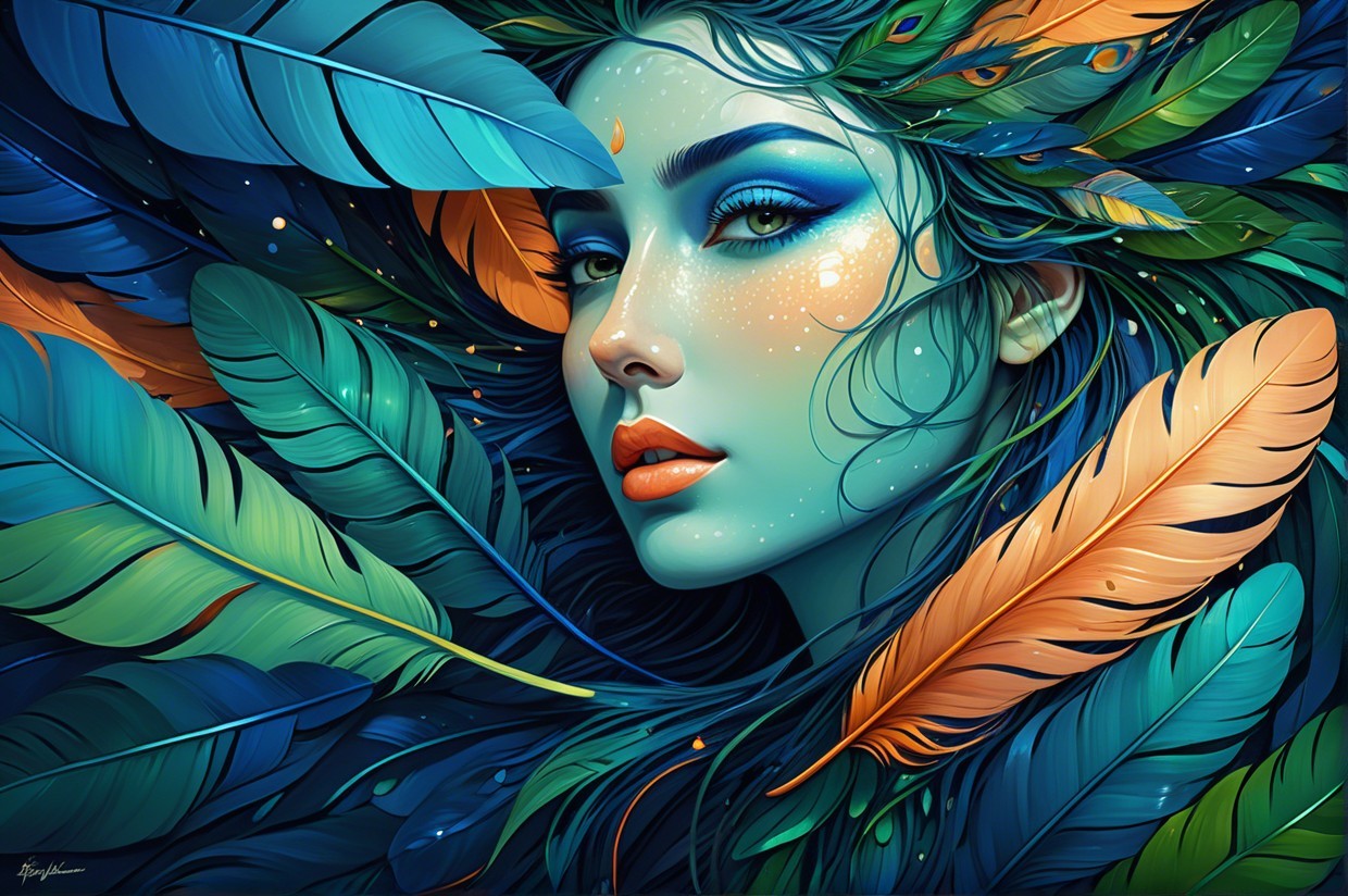 Portrait of a Woman with Vibrant Feathers and Foliage