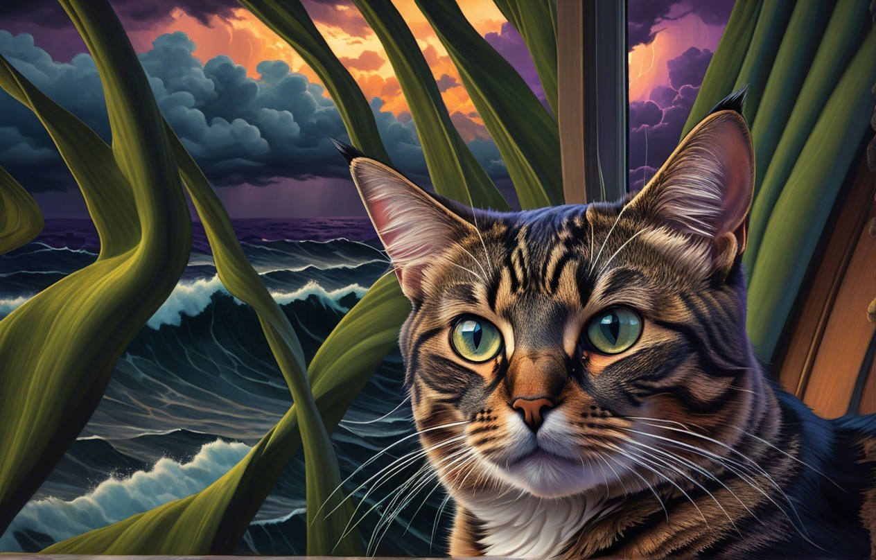 Tabby Cat Observing Stormy Ocean Scene Through Window