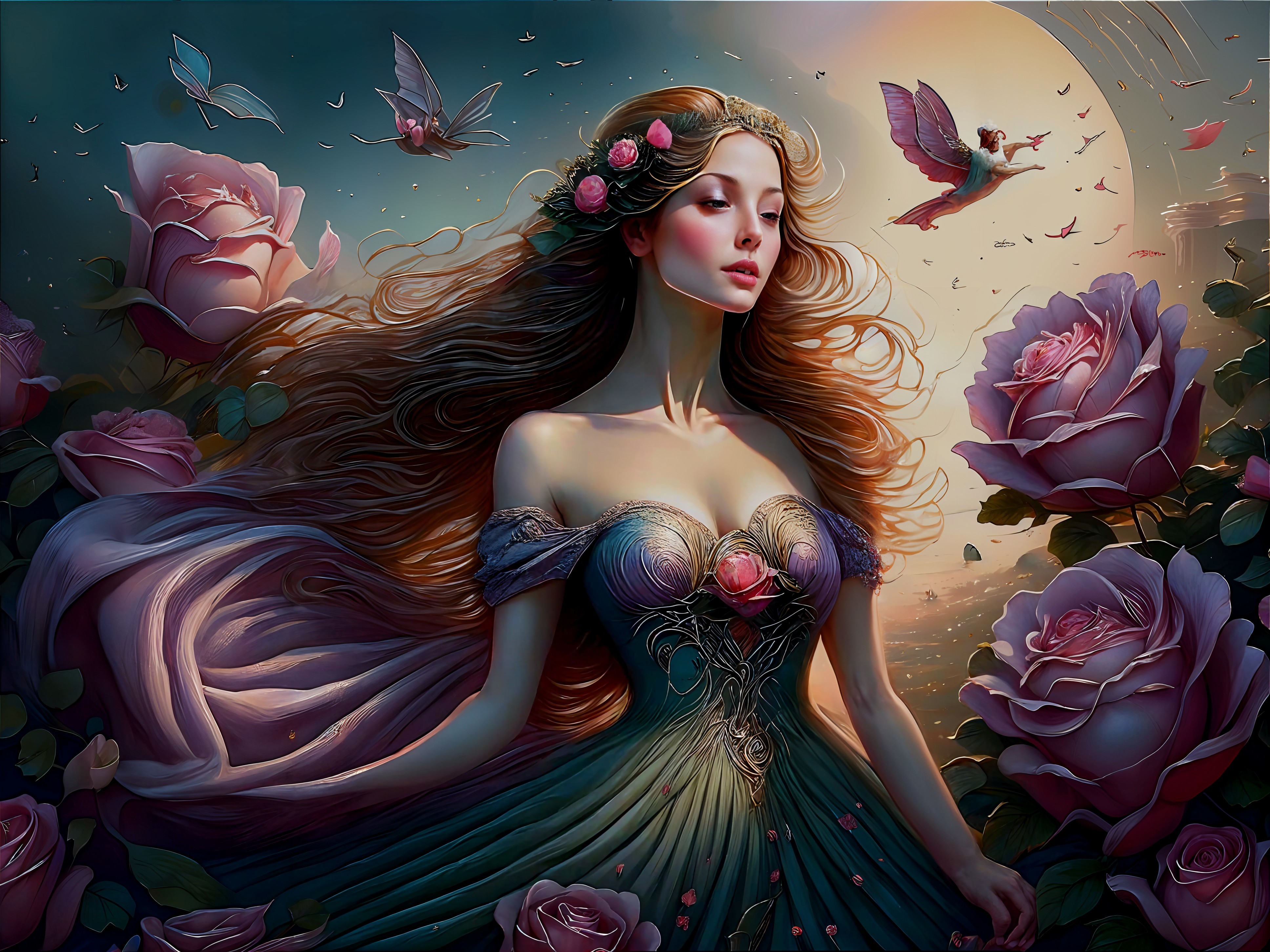 Serene Woman Surrounded by Pink Roses and Butterflies