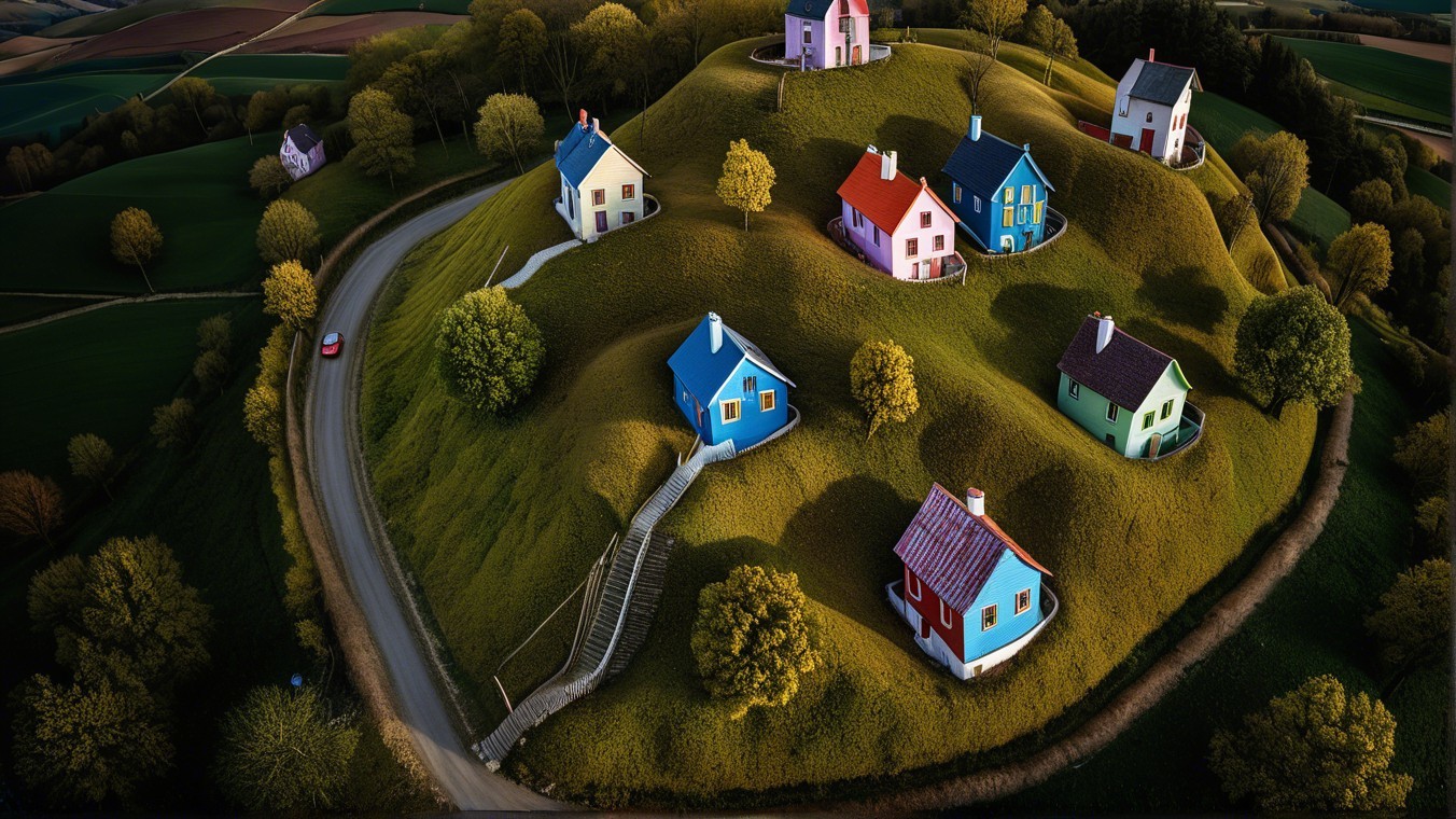 Colorful Houses on a Grassy Hill in Serene Countryside