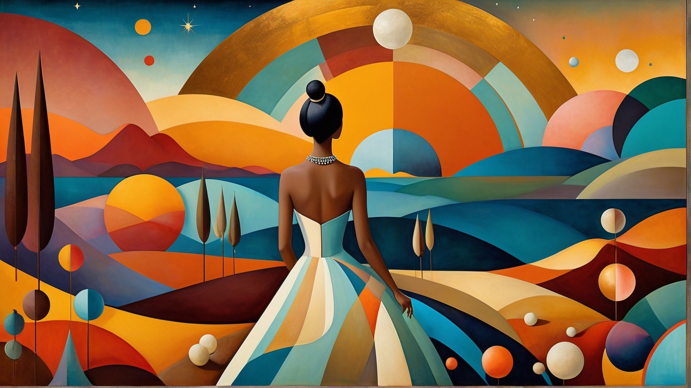 Vibrant Artwork of Woman in Striped Gown and Sunset