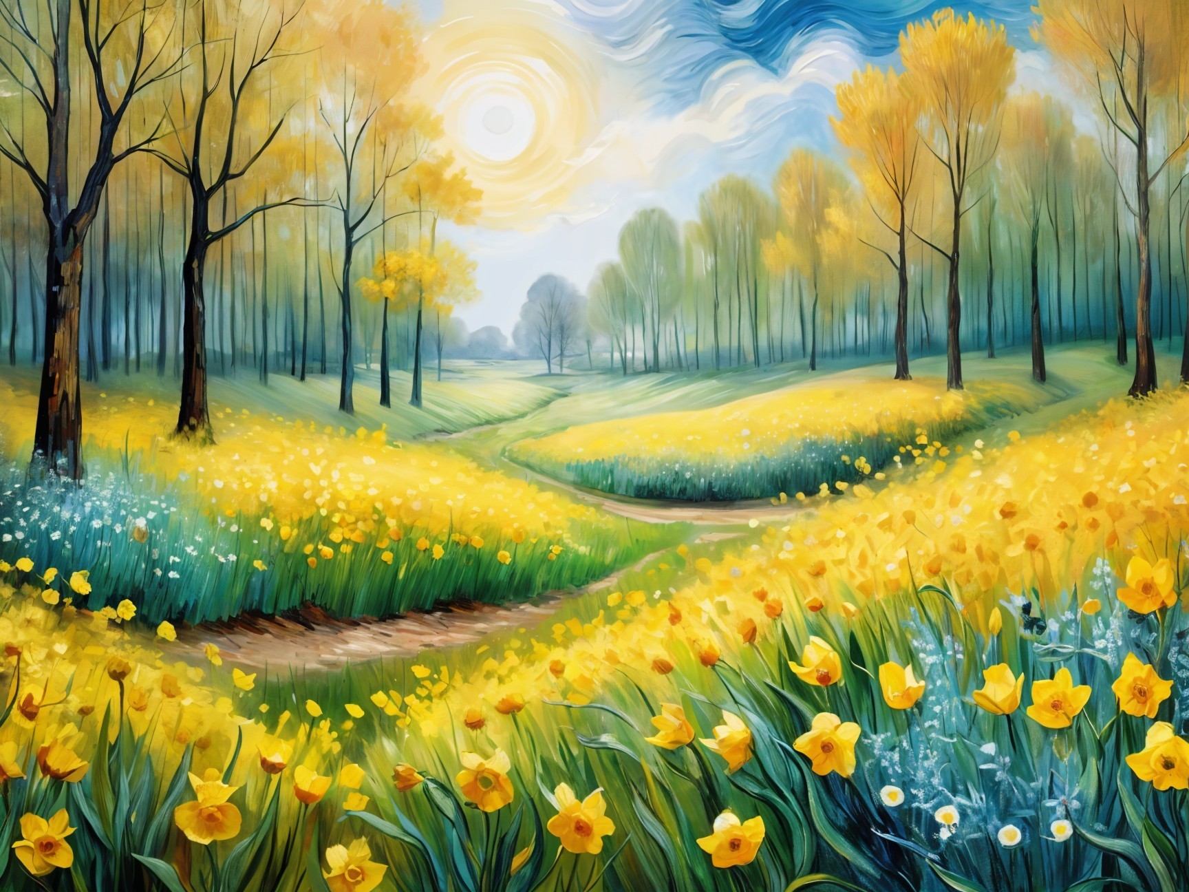 Vibrant Spring Meadow with Blooming Flowers and Trees