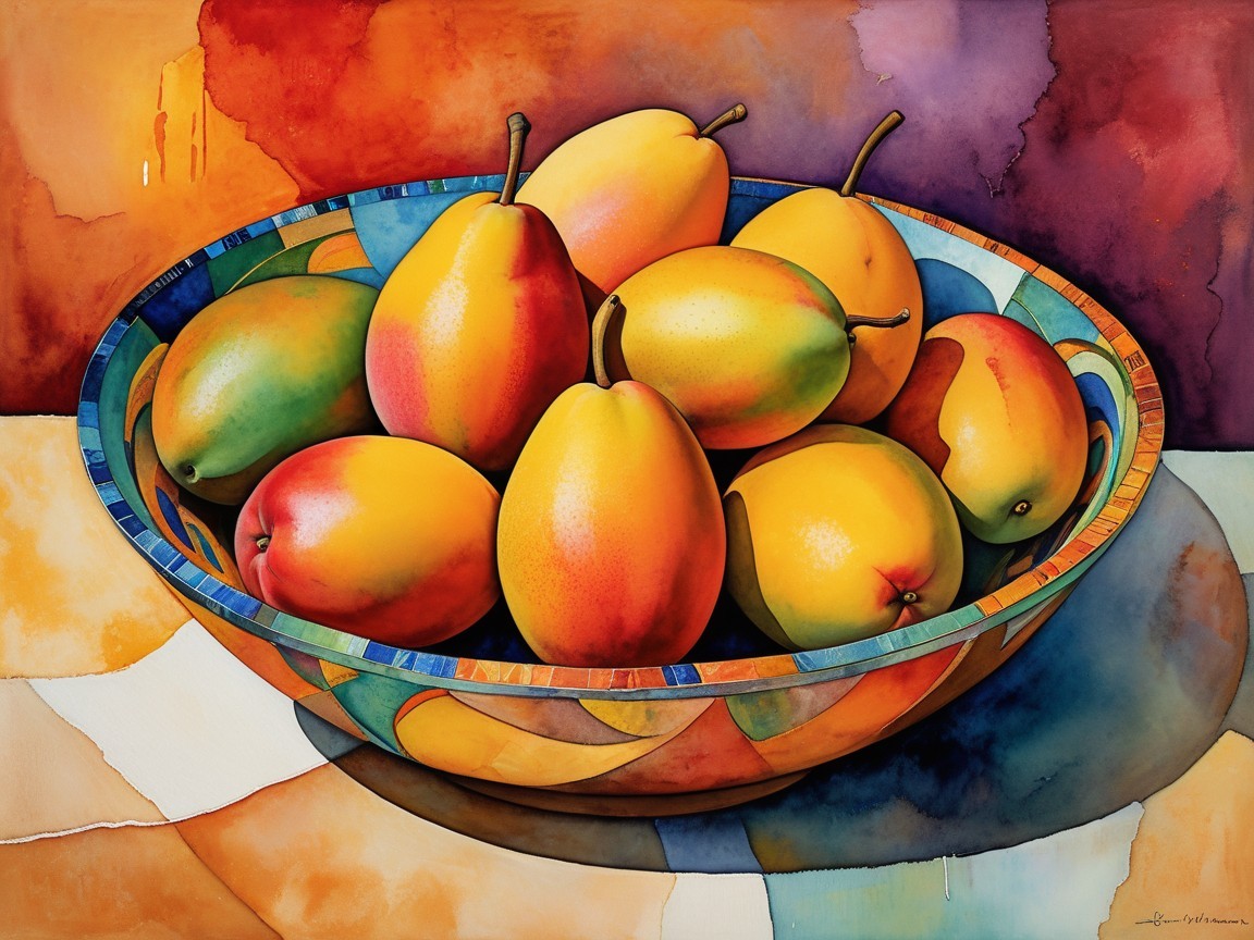 Vibrant Still Life Painting of Ripe Mangoes in Bowl