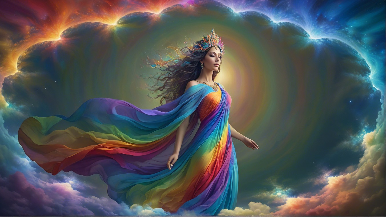 Majestic figure in multi-colored gown against cosmic backdrop