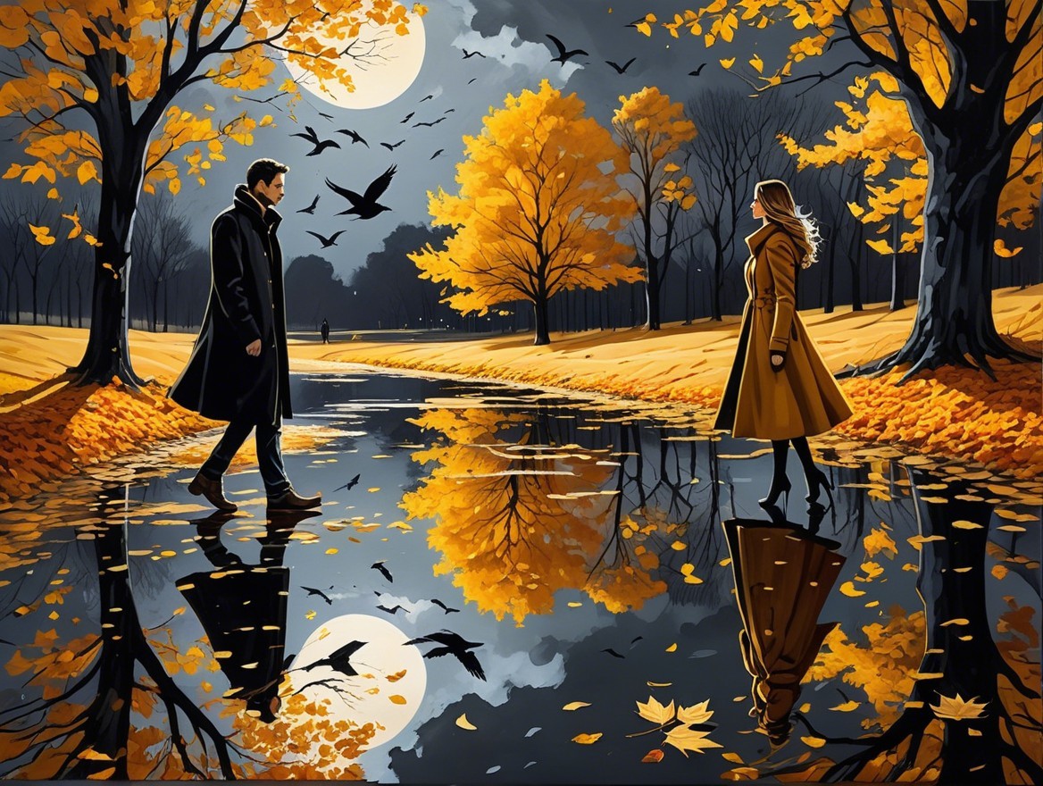 Autumn Park Scene with Man and Woman by Pond