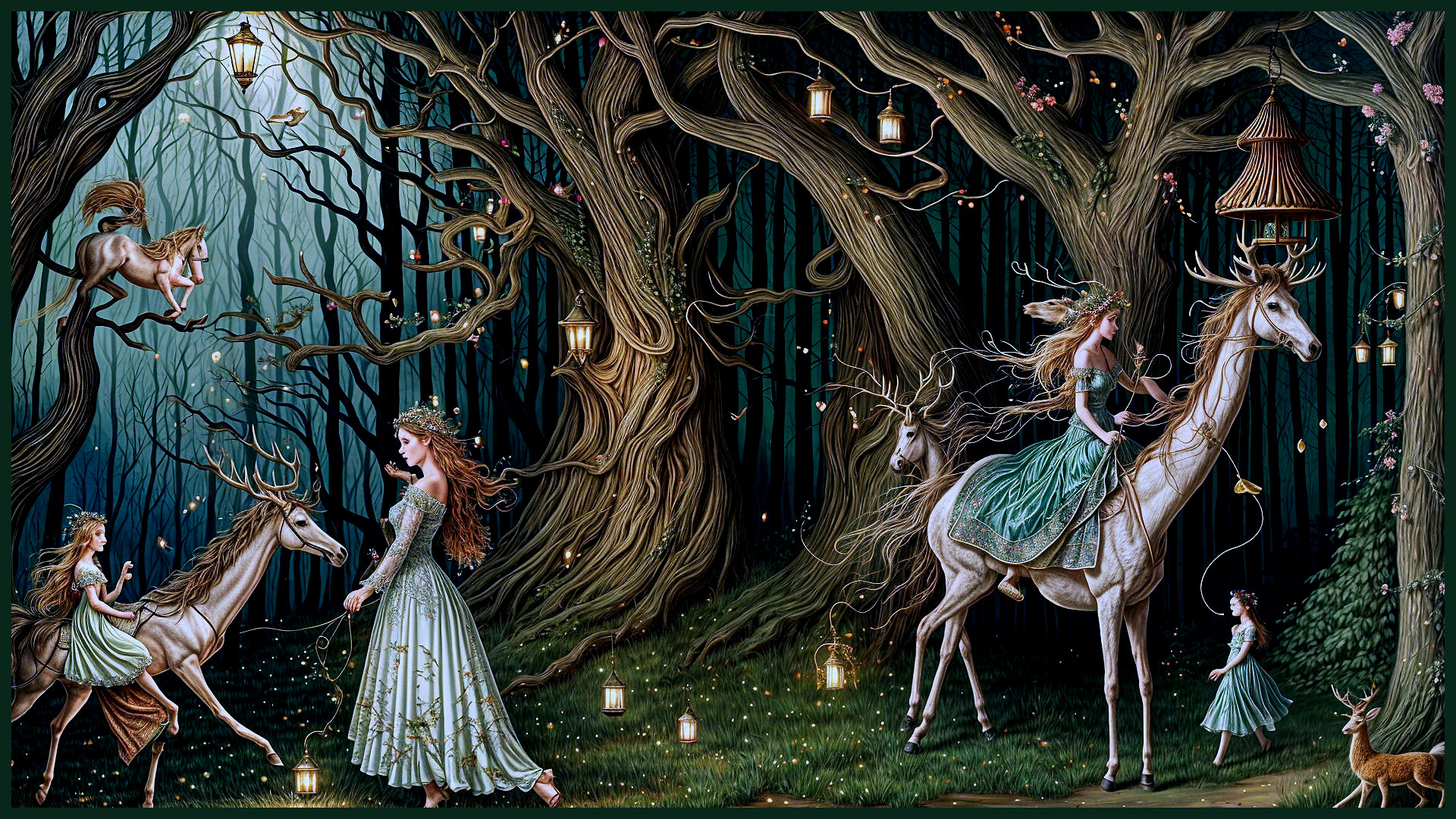 Mystical forest with ethereal figures and glowing lanterns