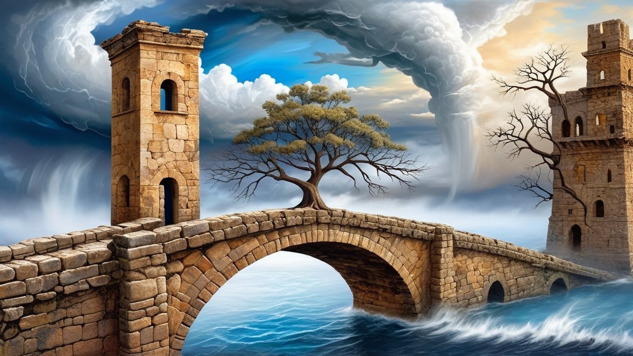 Stone Bridge Over Turbulent Sea and Ancient Towers
