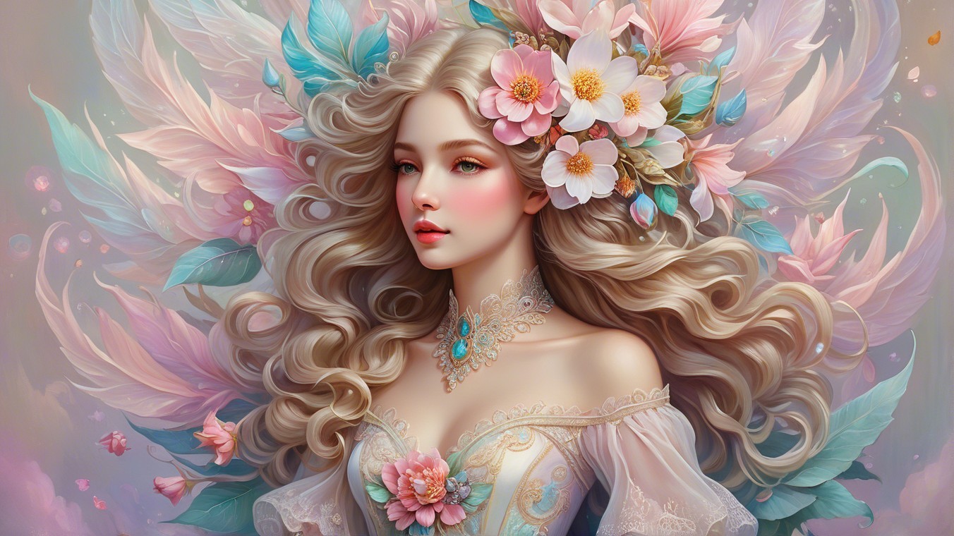 Ethereal Woman in Floral Gown and Dreamy Background