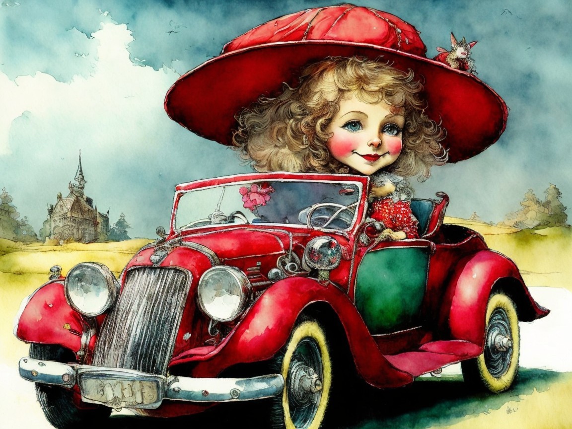 Colorful Illustration of Girl in Vintage Convertible