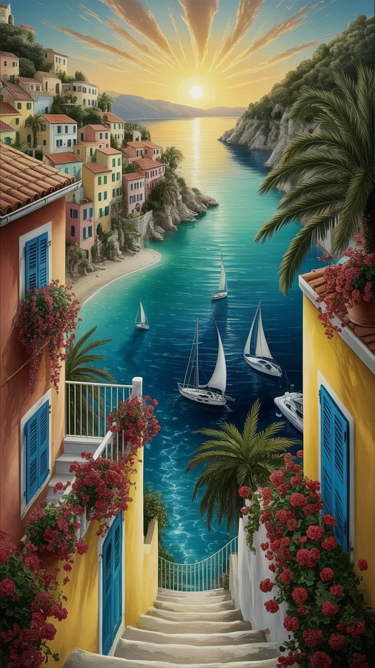 Coastal Scene with Colorful Houses and Sunset Bay