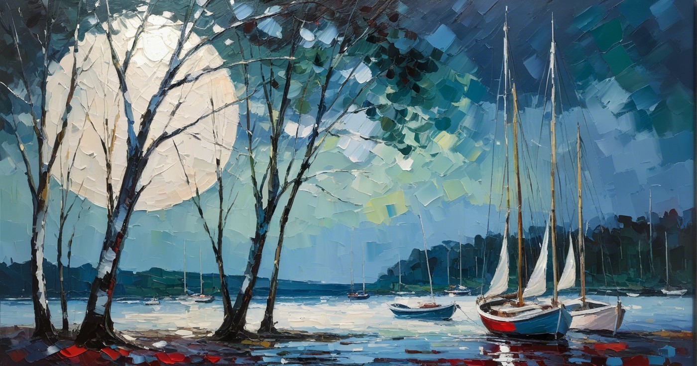 Moonlit Night Landscape with Sailboats and Trees