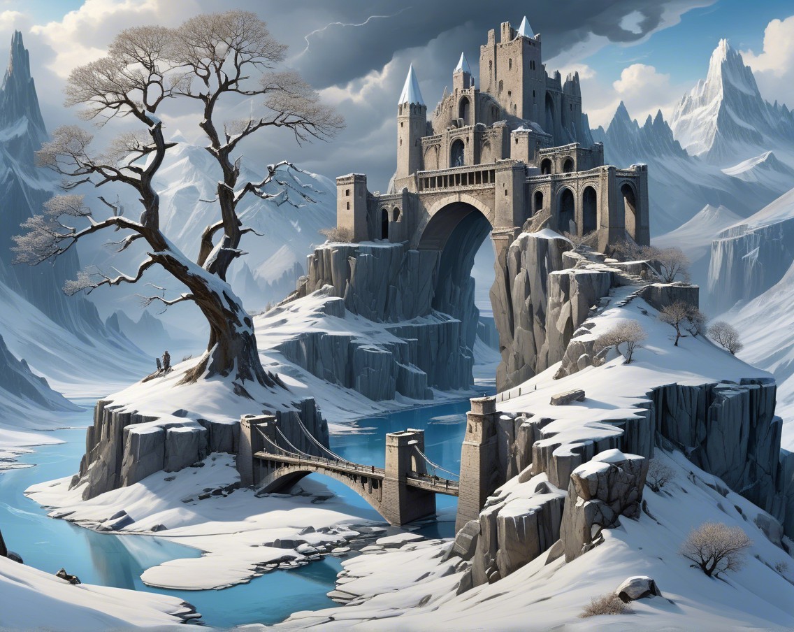 Majestic Castle in Icy Landscape with Snowy Mountains
