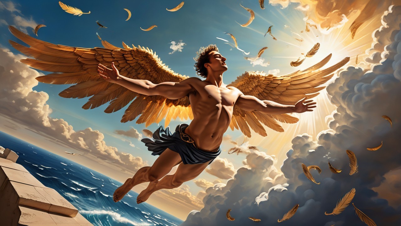 Muscular figure with golden wings above the ocean