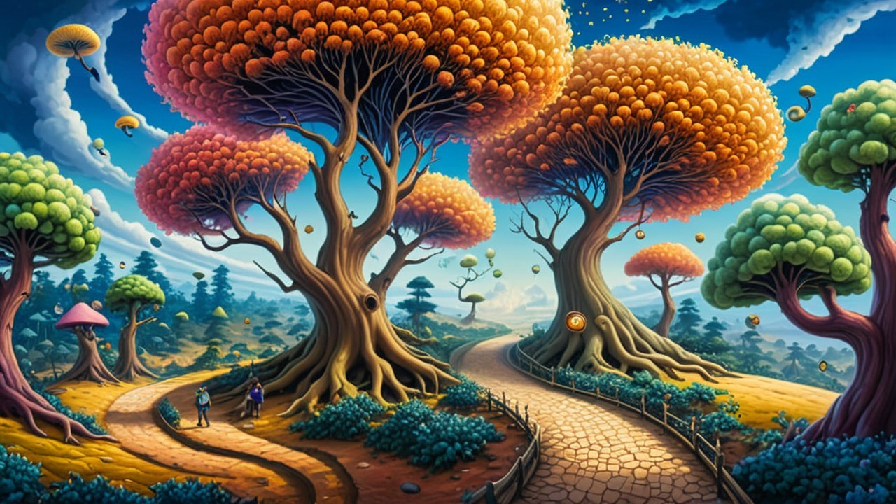 Vibrant Whimsical Landscape with Colorful Trees and Paths
