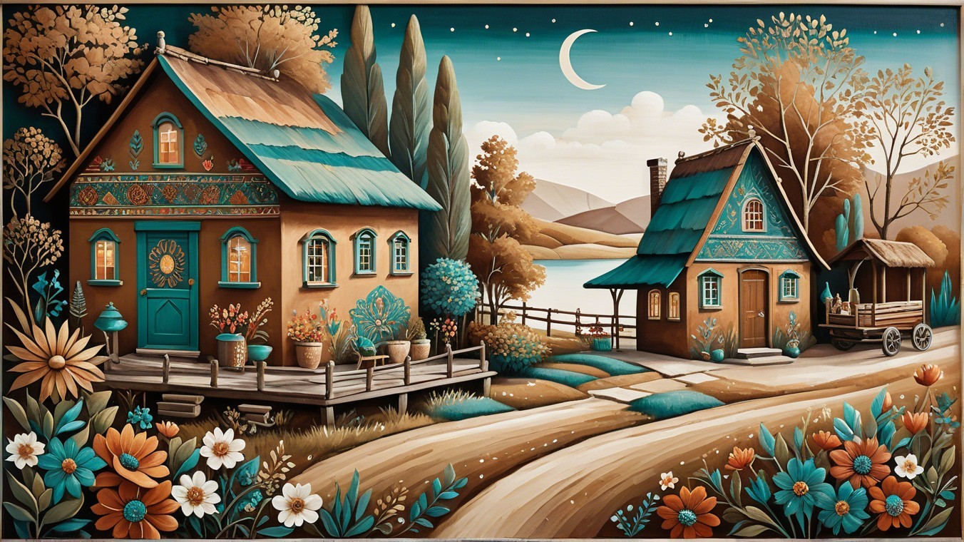 Serene rural landscape with cottages and tranquil lake