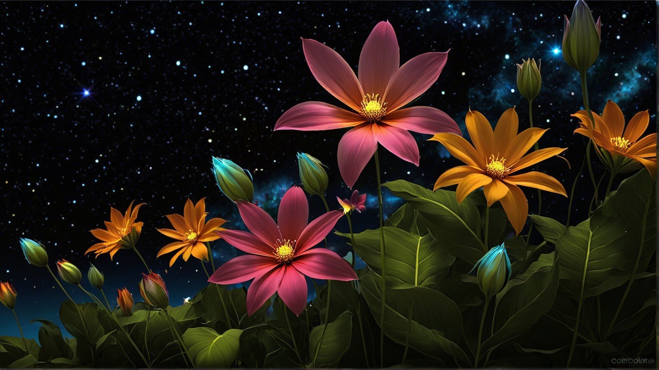 Vibrant Landscape with Oversized Flowers Under Stars