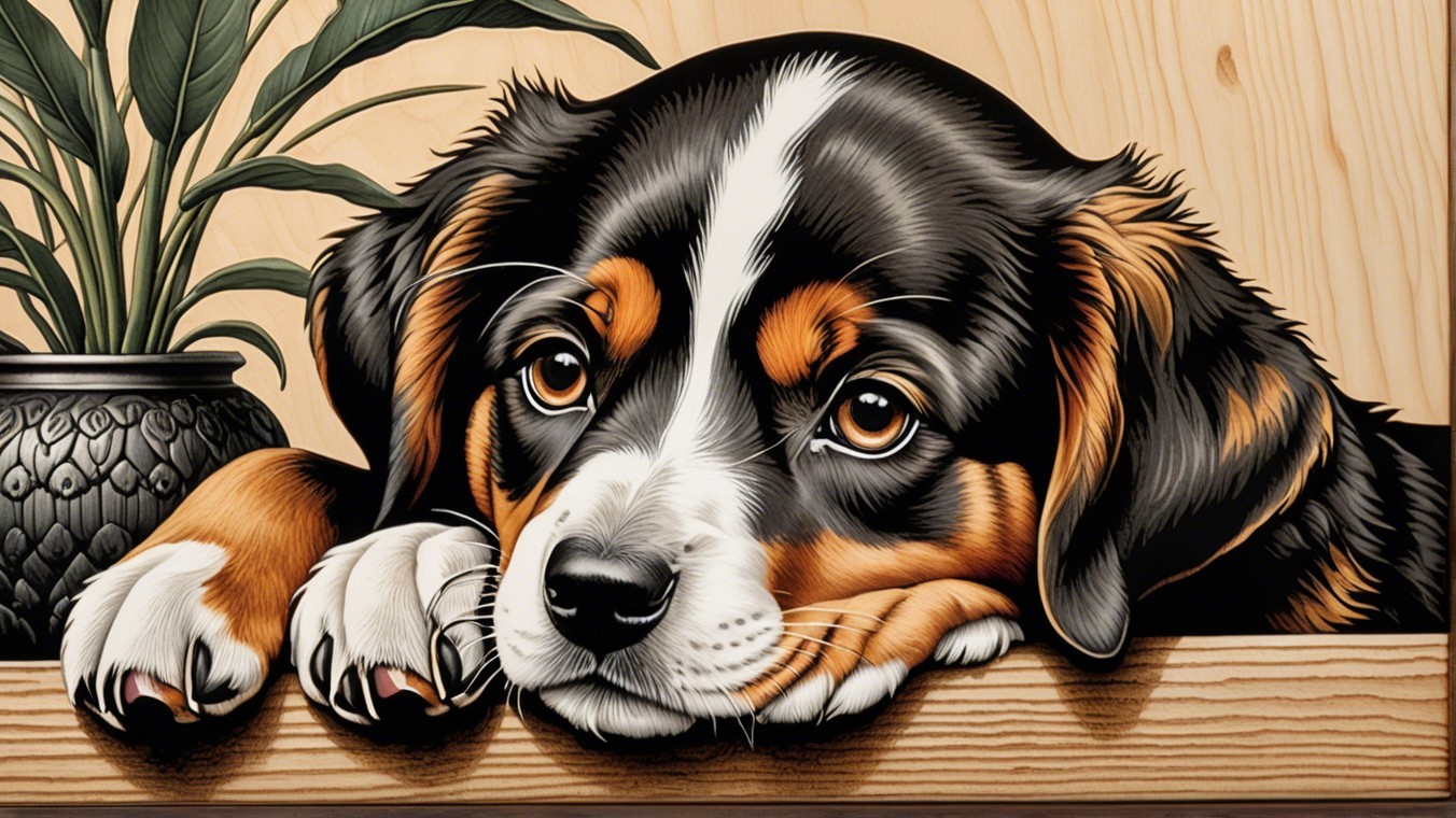 Illustration of a Dog with Expressive Eyes on Wood