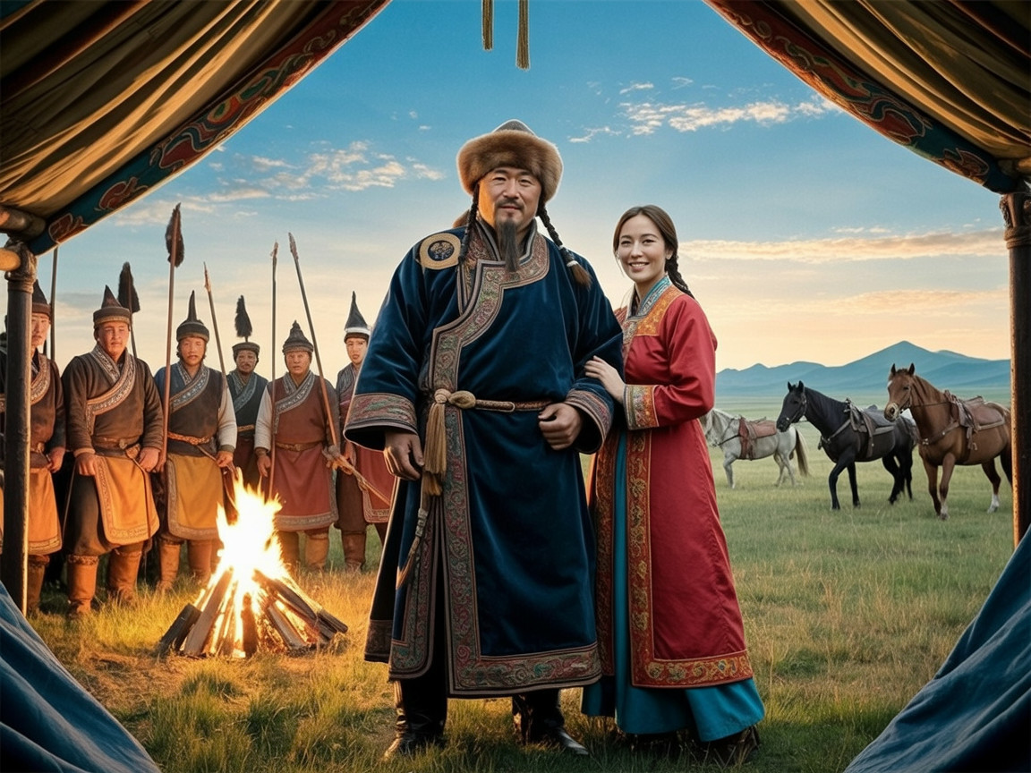 Mongolian Traditional Attire in Serene Steppe Sunset