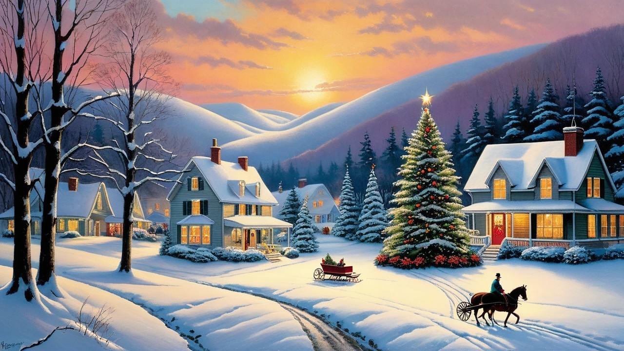 Winter Wonderland Scene with Sleigh and Christmas Tree