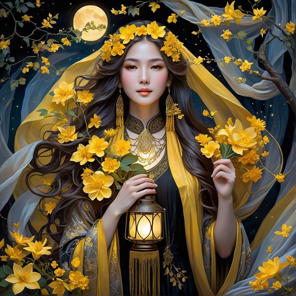 Elegant figure in robes with flowers and lantern at night