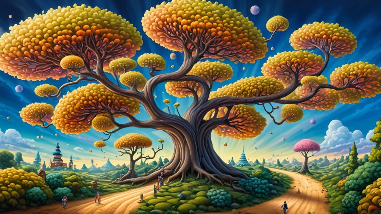 Whimsical Tree in a Colorful Fantasy Landscape