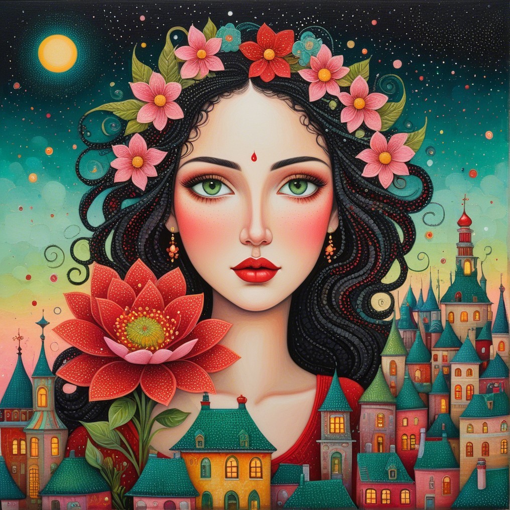 Woman with Black Hair and Lotus Flower in Twilight Scene