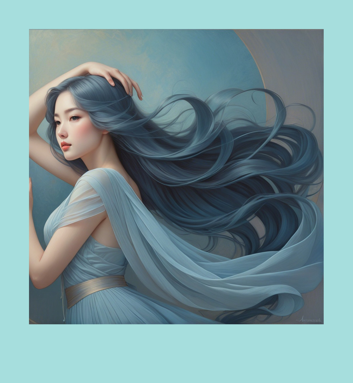 Ethereal Woman with Long Blue Hair in Light Gown