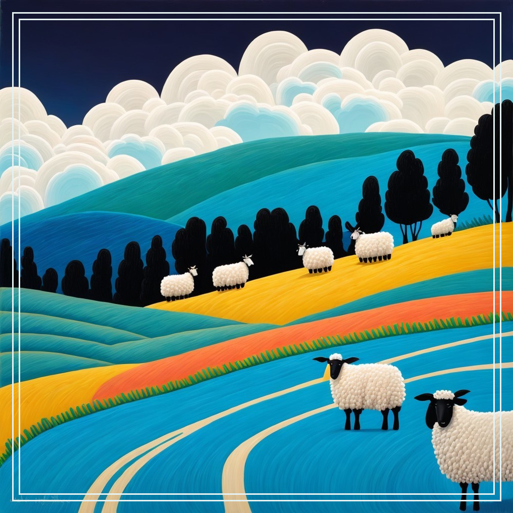 Vibrant Countryside Landscape with Rolling Hills and Sheep