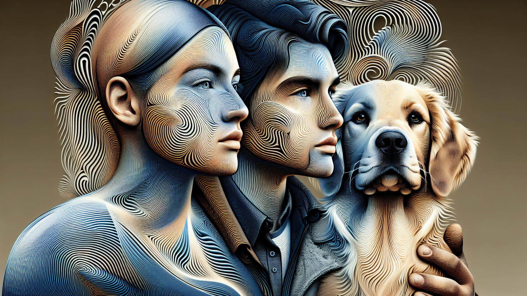 Line Art Portrait of Woman, Man, and Dog