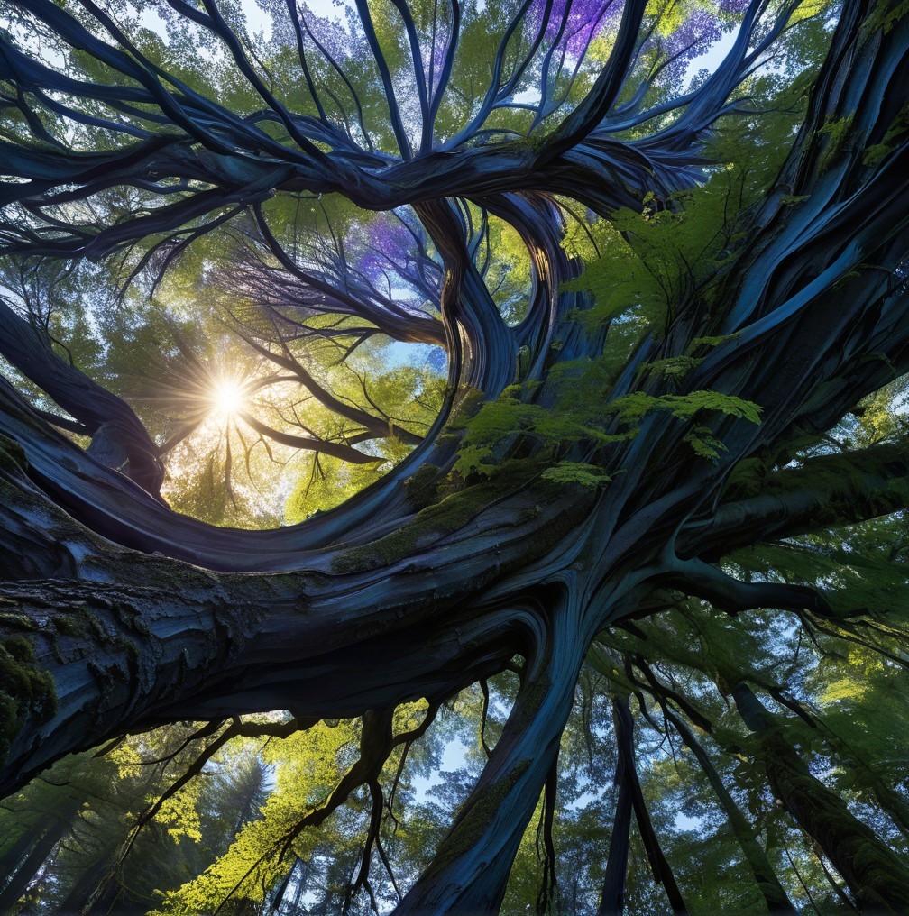 Forest Canopy with Twisted Tree Trunks and Sunlight
