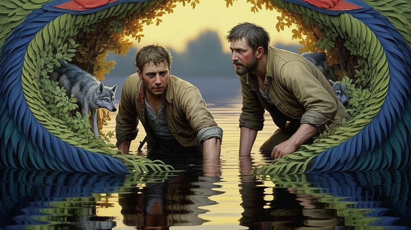 Rugged Men in Serene Water Surrounded by Nature
