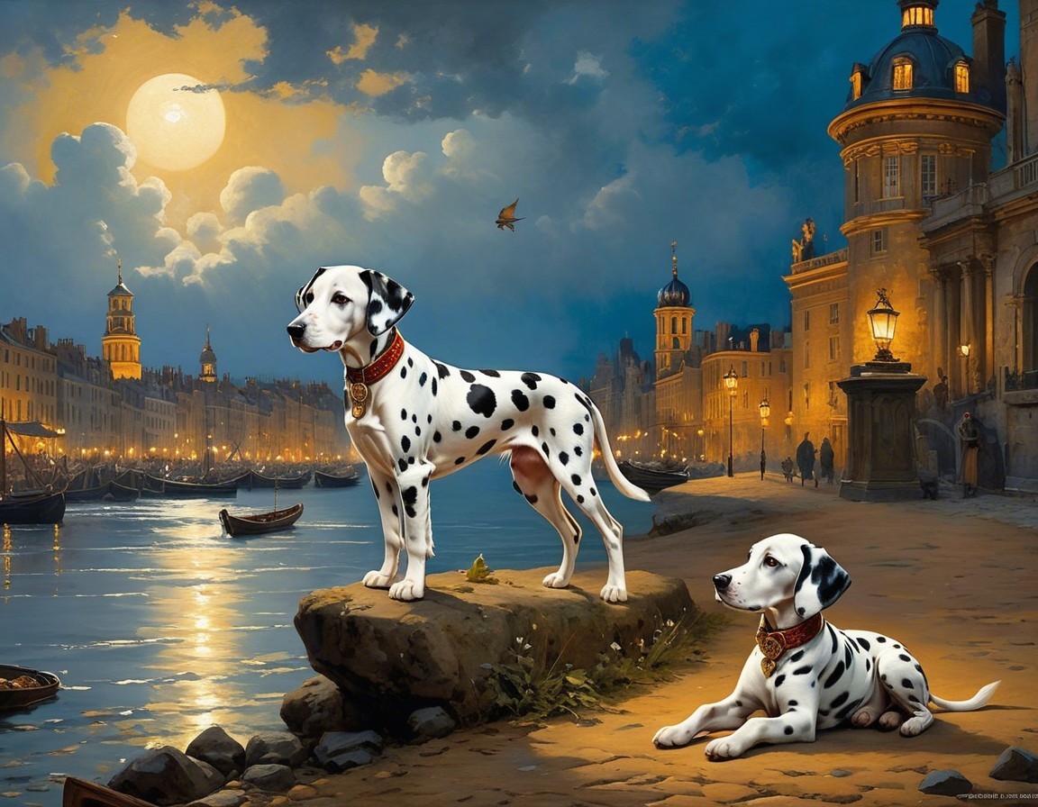 Dalmatians by a Moonlit Waterway with Vintage Charm